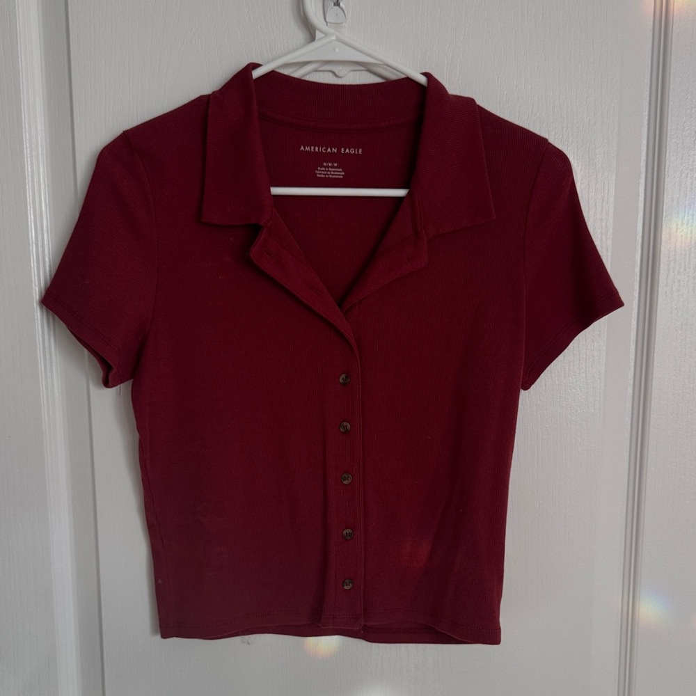 American Eagle Outfitters Women’s Short Sleeve Button-Front Polo Top - Burgundy